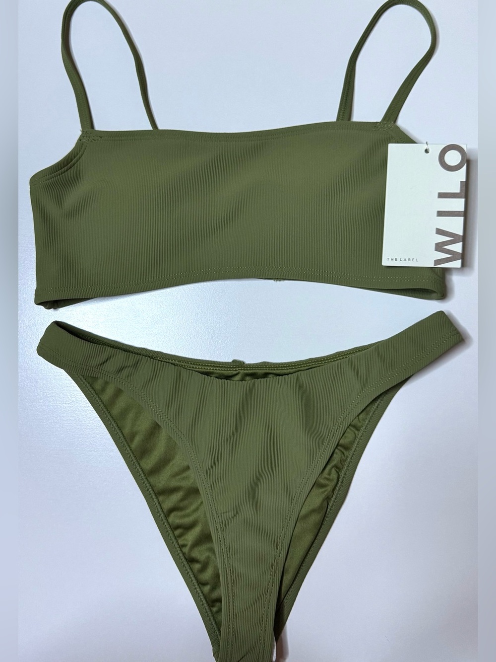 NWT WILO The Label Olive Green Ribbed Bikini Set Small | Adjustable High Cut